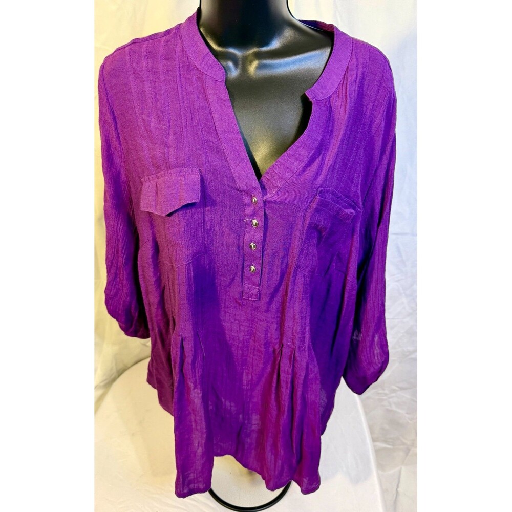 Women's Purple Classic Gorpcore Lightweight Top Shirt Plus 2X 18W/20W V-Neck
